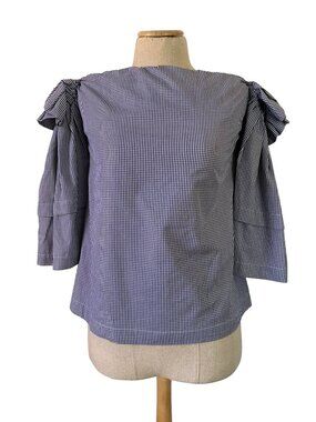 Erika Cavallini Womens Sz 40 Blue & White Gingham Blouse / Ruffle Sleeve Detail